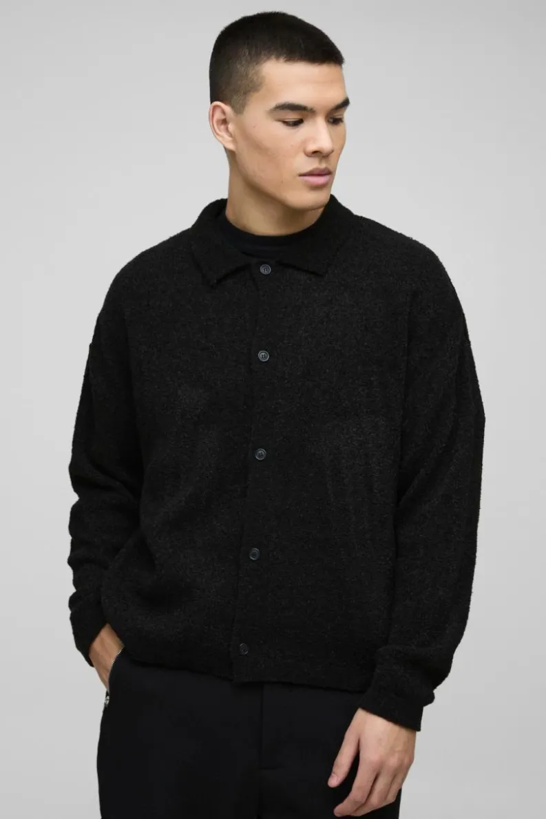 Discount boohooMAN Boxy Fit Brushed Knit Cardigan black