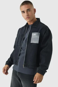 Fashion boohooMAN Boxy Fit Denim Jacket With Woven Label washed black