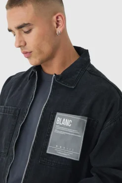Fashion boohooMAN Boxy Fit Denim Jacket With Woven Label washed black