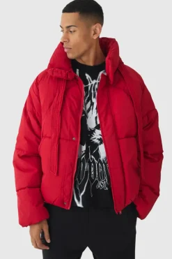 Online boohooMAN Boxy Fit Drawcord Quilted Funnel Neck Puffer Coat In red