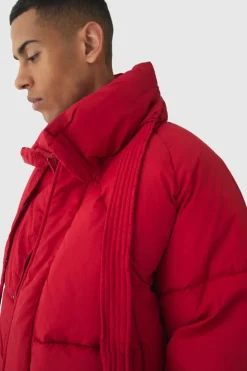 Online boohooMAN Boxy Fit Drawcord Quilted Funnel Neck Puffer Coat In red