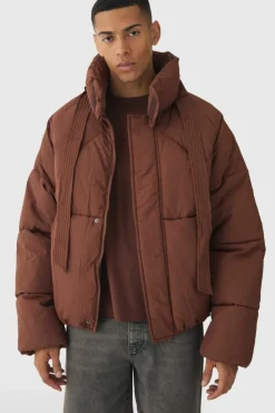 Cheap boohooMAN Boxy Fit Drawcord Quilted Funnel Neck Puffer Coat In chocolate