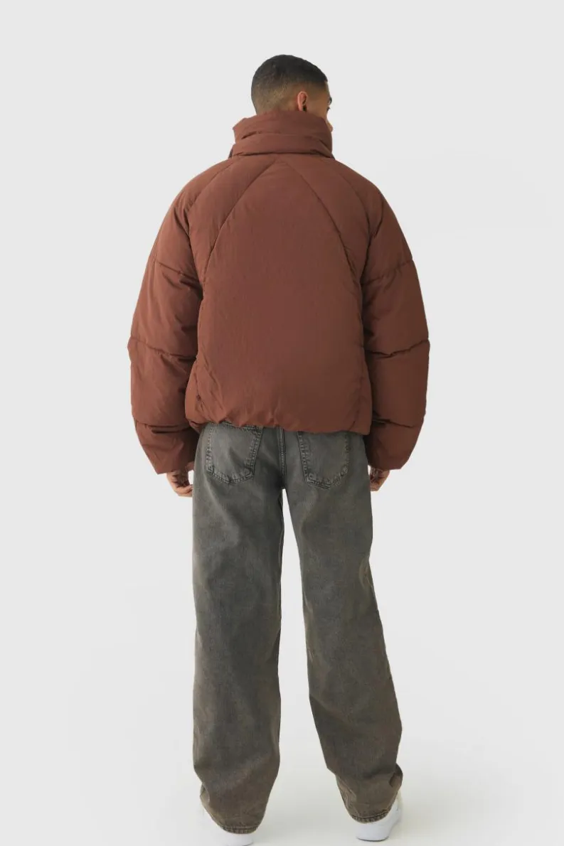 Cheap boohooMAN Boxy Fit Drawcord Quilted Funnel Neck Puffer Coat In chocolate