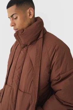 Cheap boohooMAN Boxy Fit Drawcord Quilted Funnel Neck Puffer Coat In chocolate