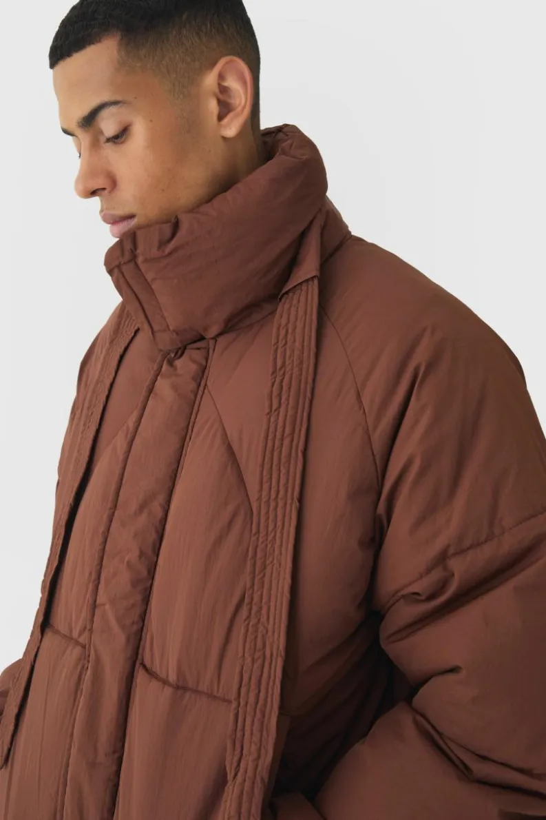 Cheap boohooMAN Boxy Fit Drawcord Quilted Funnel Neck Puffer Coat In chocolate