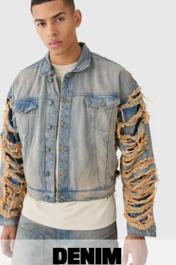 Best Sale boohooMAN Boxy Fit Extreme Ripped Denim Jacket antique wash