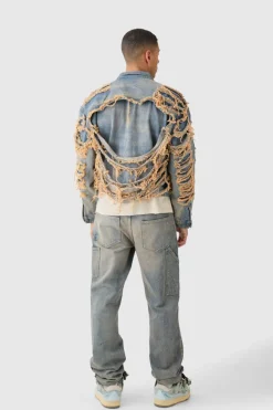 Best Sale boohooMAN Boxy Fit Extreme Ripped Denim Jacket antique wash