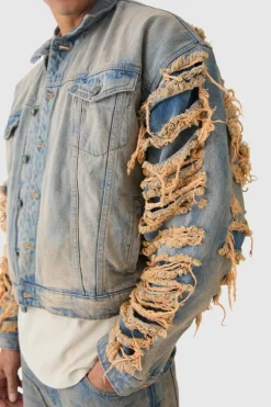 Best Sale boohooMAN Boxy Fit Extreme Ripped Denim Jacket antique wash