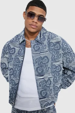 Shop boohooMAN Boxy Fit Fabric Interest Denim Jacket dark blue