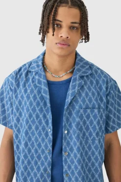 Cheap boohooMAN Boxy Fit Fabric Interest Denim Shirt light blue