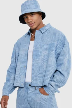 Cheap boohoo Boxy Fit Fabric Interest Denim Jacket and jeans light blue