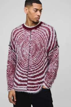 Flash Sale boohooMAN Boxy Fit Fluffy Textured Contrast Knit Jumper burgundy