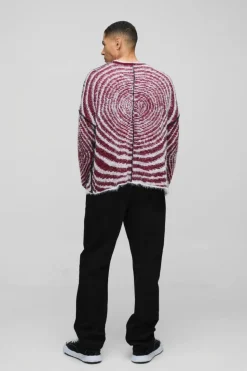 Flash Sale boohooMAN Boxy Fit Fluffy Textured Contrast Knit Jumper burgundy