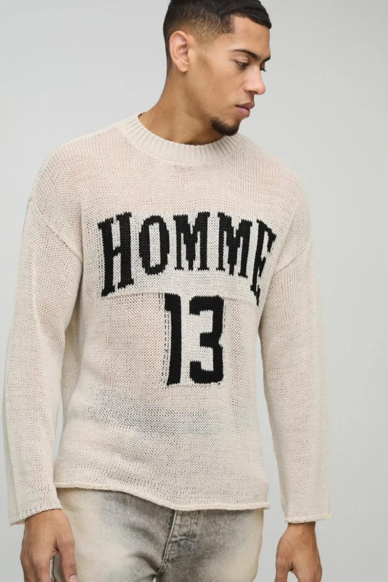Fashion boohooMAN Boxy Fit Homme Moto Open Stitch Knit Jumper stone