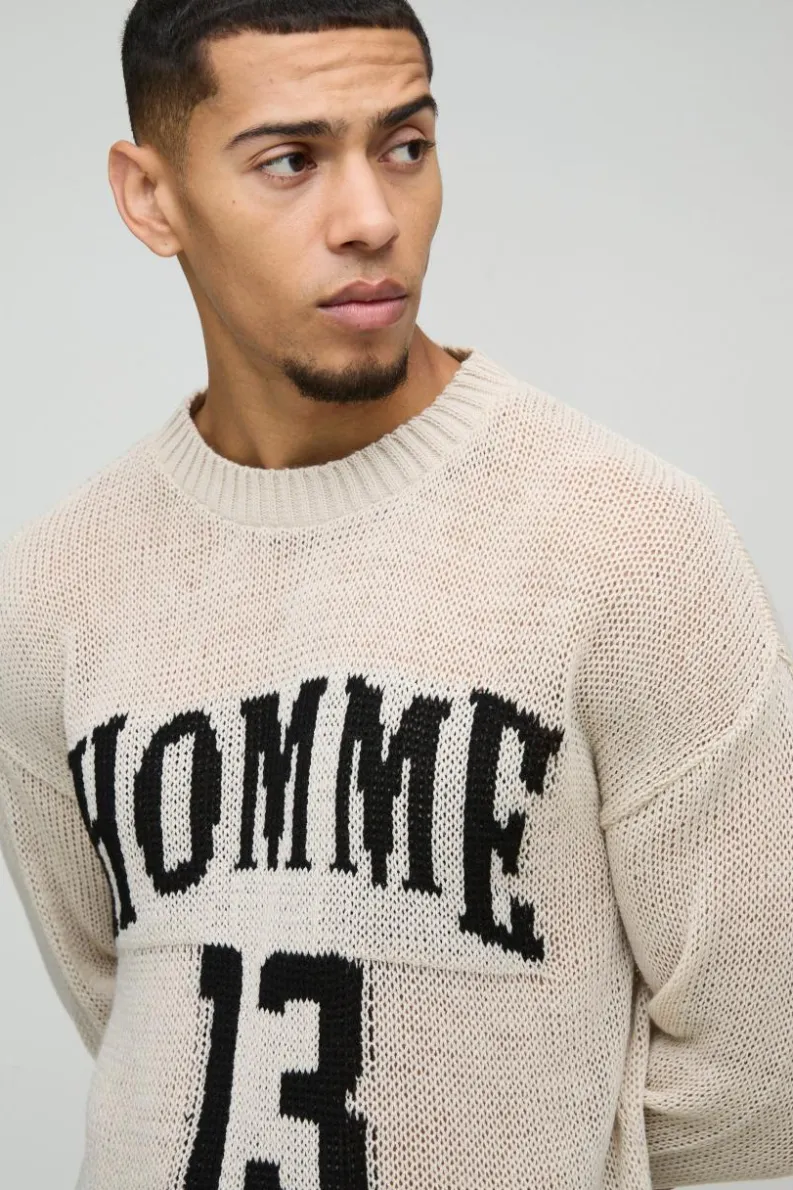Fashion boohooMAN Boxy Fit Homme Moto Open Stitch Knit Jumper stone