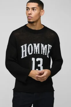 Online boohooMAN Boxy Fit Homme Moto Open Stitch Knit Jumper black