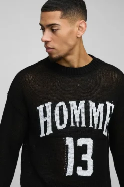 Online boohooMAN Boxy Fit Homme Moto Open Stitch Knit Jumper black