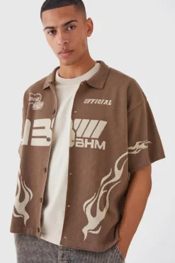 Hot boohooMAN Boxy Fit Knitted Moto Shirt taupe