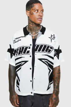 Discount boohooMAN Boxy Fit Knitted Moto Shirt white