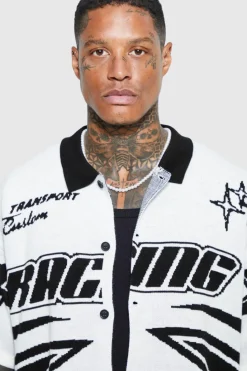 Discount boohooMAN Boxy Fit Knitted Moto Shirt white