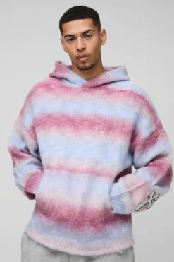 New boohooMAN Boxy Fit Ombre Stripe Brushed Knit Cross Hoodie pink