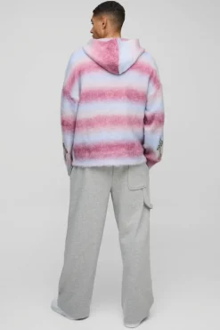 New boohooMAN Boxy Fit Ombre Stripe Brushed Knit Cross Hoodie pink