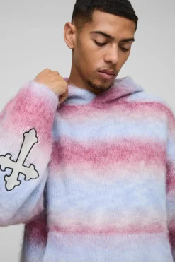 New boohooMAN Boxy Fit Ombre Stripe Brushed Knit Cross Hoodie pink