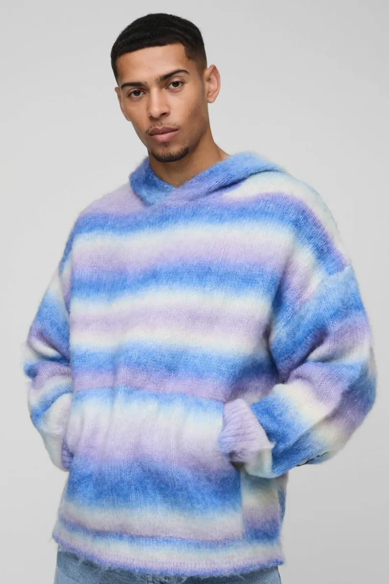 Best boohooMAN Boxy Fit Ombre Stripe Brushed Knit Cross Hoodie lilac