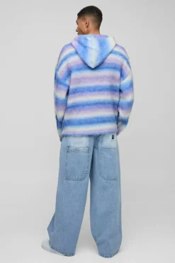 Best boohooMAN Boxy Fit Ombre Stripe Brushed Knit Cross Hoodie lilac