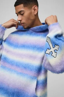 Best boohooMAN Boxy Fit Ombre Stripe Brushed Knit Cross Hoodie lilac