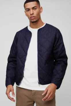 Shop boohooMAN Boxy Fit Quilted Collarless Denim Jacket indigo