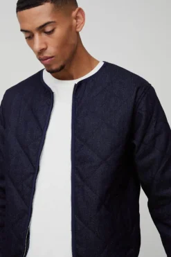 Shop boohooMAN Boxy Fit Quilted Collarless Denim Jacket indigo