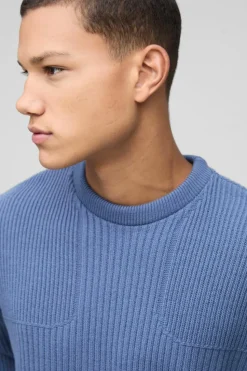 Clearance boohooMAN Boxy Fit Ribbed Cross Crew Neck Knitted Jumper blue