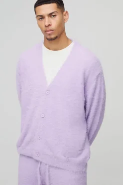 Online boohooMAN Boxy Fit Super Fluffy Knitted Cardigan lilac