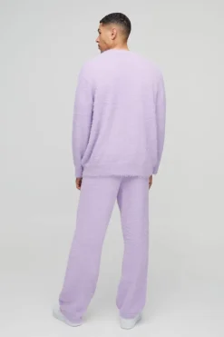 Online boohooMAN Boxy Fit Super Fluffy Knitted Cardigan lilac