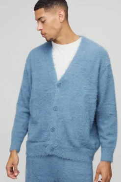 Store boohoo Boxy Fit Super Fluffy Knitted Cardigan Tracksuit slate blue