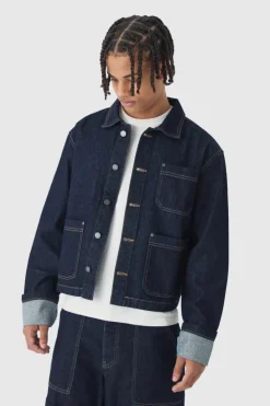 Best Sale boohooMAN Boxy Fit Turn Up Denim Jacket In indigo