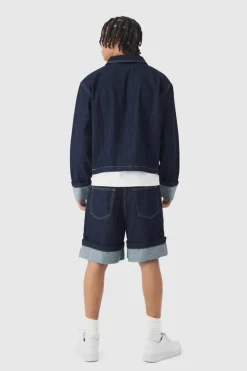 Best Sale boohooMAN Boxy Fit Turn Up Denim Jacket In indigo