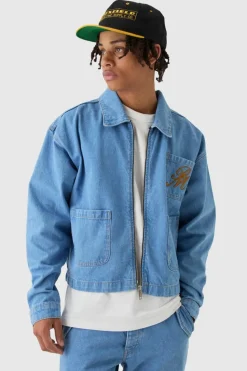 Discount boohooMAN Boxy Fit Western Denim Jacket mid blue