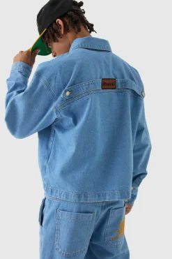 Discount boohooMAN Boxy Fit Western Denim Jacket mid blue