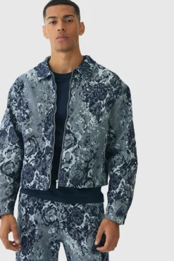 Fashion boohooMAN Boxy Floral Jacquard Denim Jacket mid blue