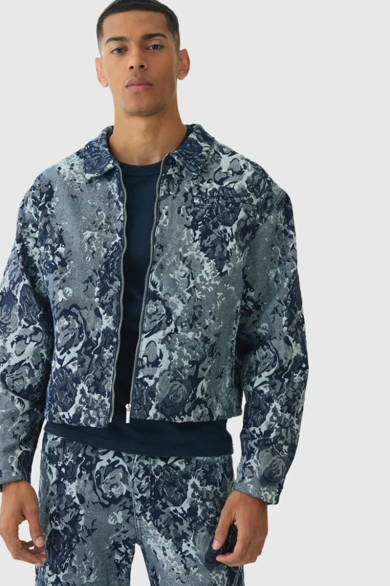Fashion boohooMAN Boxy Floral Jacquard Denim Jacket mid blue