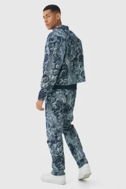 Fashion boohooMAN Boxy Floral Jacquard Denim Jacket mid blue