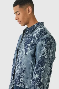 Fashion boohooMAN Boxy Floral Jacquard Denim Jacket mid blue