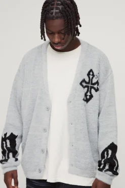 Store boohooMAN Boxy Fluffy Crosses Knitted Cardigan grey
