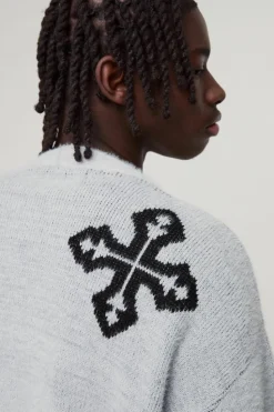 Store boohooMAN Boxy Fluffy Crosses Knitted Cardigan grey