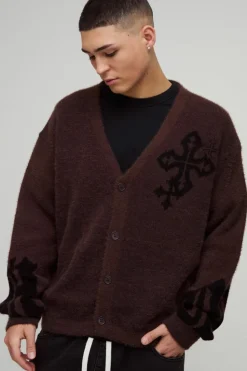 Clearance boohooMAN Boxy Fluffy Crosses Knitted Cardigan brown