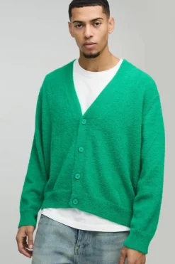 Cheap boohooMAN Boxy Fluffy Knitted Cardigan green
