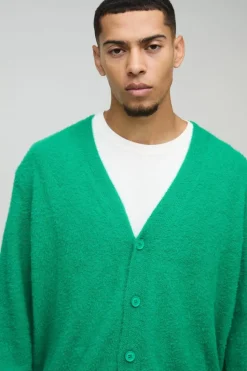 Cheap boohooMAN Boxy Fluffy Knitted Cardigan green