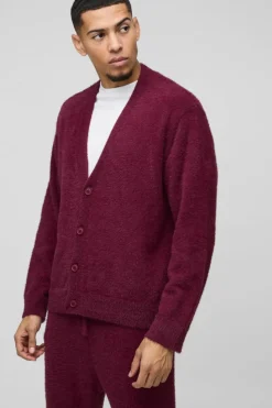 Cheap boohooMAN Boxy Fluffy Knitted Cardigan burgundy